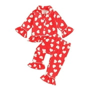 Suealasg Little Girls Valentine's Day Pajamas Sets 1T 2T 3T 4T 5T 6T Kids Girls Spring 2 Piece Sleepwear Set Long Sleeve Heart Print Shirt Tops and Flared Pants Loungewear