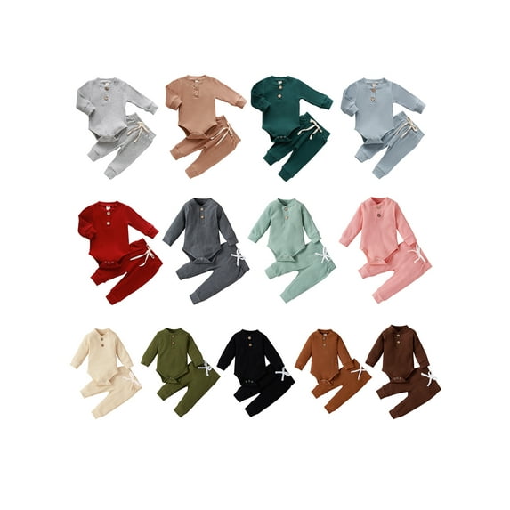 Suealasg Newborn Baby Boy Girl Clothes Ribbed Knitted Cotton Long Sleeve Romper Long Pants Solid Color Fall Winter Outfits