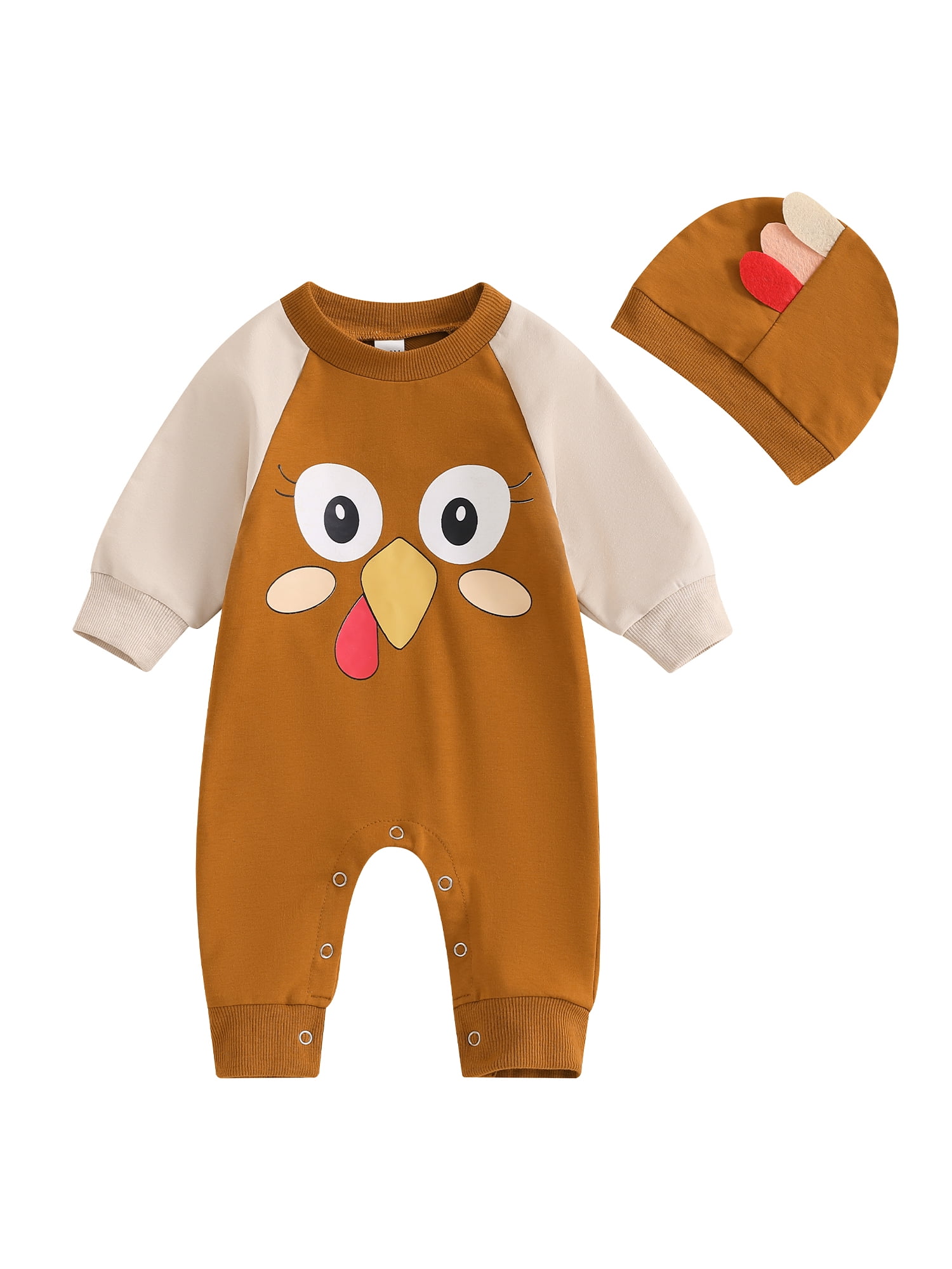 Suealasg Newborn Baby Boy Girl Thanksgiving Outfits 3 6 12 18 Months Infant Long Sleeve Turkey Print Romper Full Length Jumpsuit Hat 2Pcs Thanksgiving