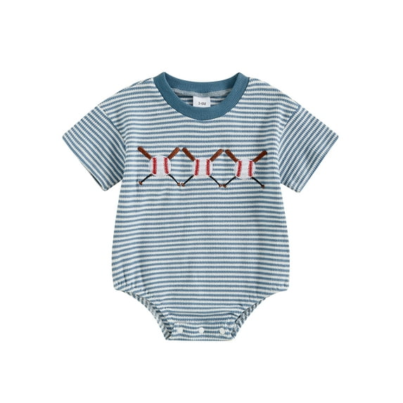 Suealasg Newborn Baby Boy Summer Outfit Striped Bubble Romper Waffle Baseball Short Sleeve Bodysuit Casual Clothes
