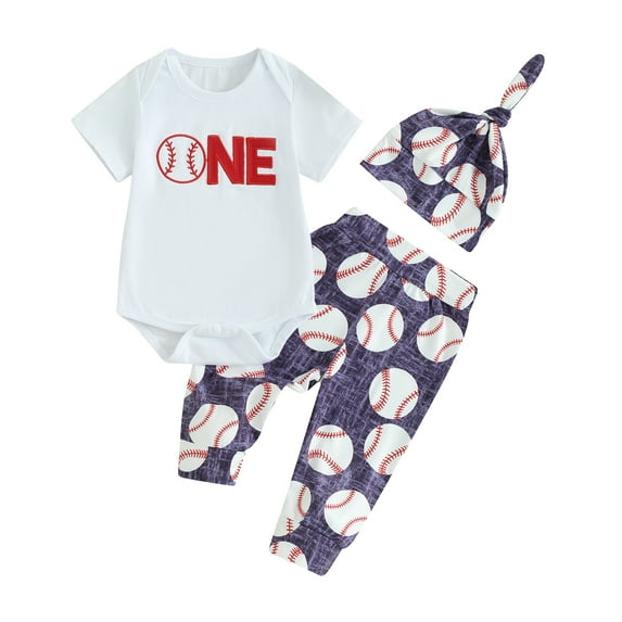 Suealasg Newborn Baby Boys First Birthday Clothes 3 6 12 18 Months Letter Print Short Sleeve Romper +Baseball Print Pants +Hat Infant Summer 3Pcs Outfit