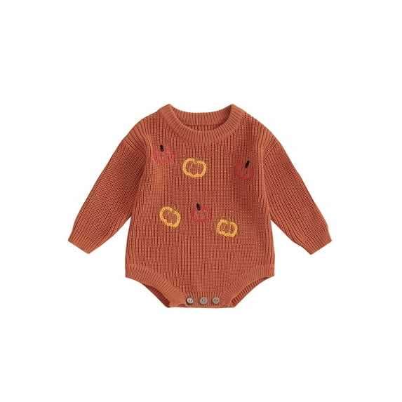 Suealasg Newborn Baby Boys Girls Halloween Outfits Long Sleeve Pumpkin Embroidery Sweater Romper 3 6 9 12 18 Months Infant Fall Warm Sweatshirt Tops