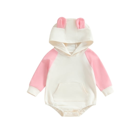 Suealasg Newborn Baby Boys Girls Hooded Sweatshirt Romper Long Sleeve Contrast Color Bodysuit 3 6 12 18 Months Infant Fall One Piece Clothes