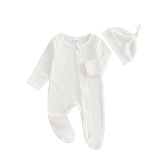Suealasg Newborn Baby Fall Footed Romper Solid Color Waffle Long Sleeve Crew Neck Zipper Jumpsuit with Hat