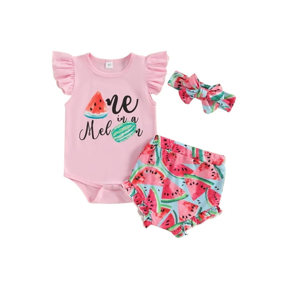 Suealasg Newborn Baby Girl Birthday Outfits Fly Sleeve Letter Print Romper +Watermelon Print Shorts+Headband 6M 12M 18M Infant Girl Summer 3Pcs Clothes