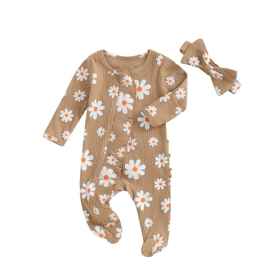 Suealasg Newborn Baby Girl Footies Romper Warm Long Sleeve Flower Print Jumpsuit +Headband 3 6 9 Months Infant Girl Fall Winter Clothes