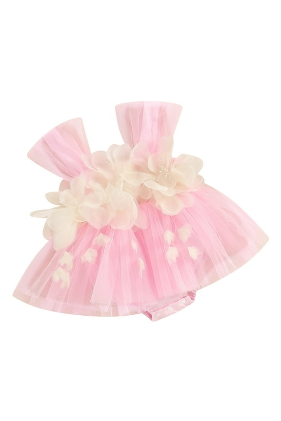 Newborn Baby Girl Outfits Sleeveless 3D Flower Decor Tulle Romper Dress 1st Birthday Photoshoot Dress Summer Clothes