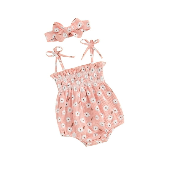 Suealasg Newborn Baby Girl Outfits Sleeveless Floral Print Bandage Straps Romper and Headband Set Summer 1st Birthday Photoshoot Clothes