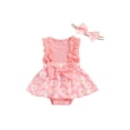 thumbnail image 1 of Suealasg Newborn Baby Girl Outfits Sleeveless Floral Print Lace Trim Romper Dress with Headband Set 2Pcs Infant Summer Photoshoot Clothes, 1 of 7