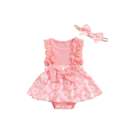Suealasg Newborn Baby Girl Outfits Sleeveless Floral Print Lace Trim Romper Dress with Headband Set 2Pcs Infant Summer Photoshoot Clothes