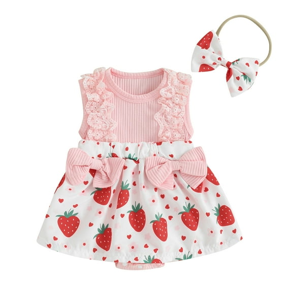 Suealasg Newborn Baby Girl Outfits Sleeveless Strawberry Print Bow Romper Dress with Headband Set 2Pcs Infant Birthday Photoshoot Dress Summer Clothes