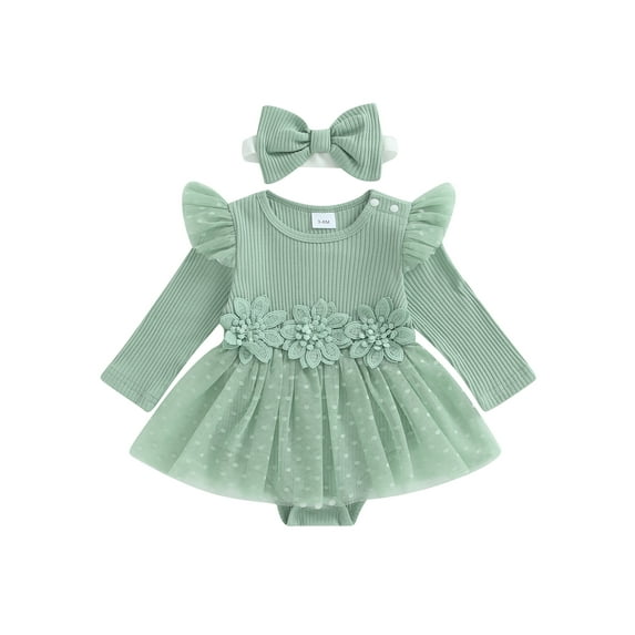 Suealasg Newborn Baby Girl Romper Dress Long Sleeve Tulle Patchwork 3D Flower Embroidery Overall Skirt Headband Infant Fall Winter Clothes