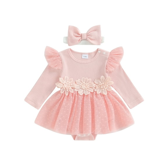 Suealasg Newborn Baby Girl Romper Dress Long Sleeve Tulle Patchwork 3D Flower Embroidery Overall Skirt Headband Infant Fall Winter Clothes