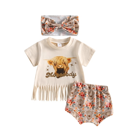 Suealasg Newborn Baby Girls 3Pcs Summer Clothes Set Short Sleeve Cow Print Tassel T-shirt + Floral Shorts +Headband Set 6M 12M 18M 24M Infant Girls Western Outfits