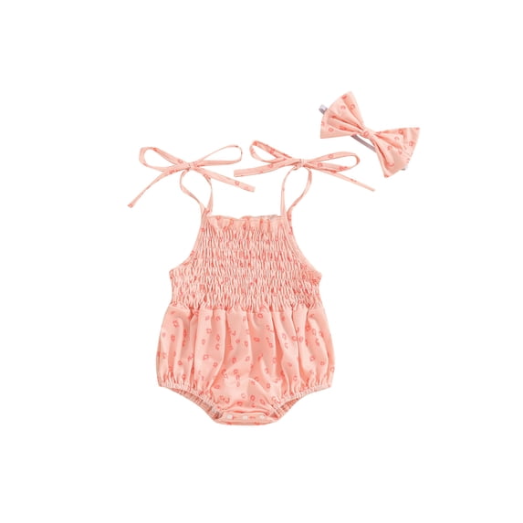 Suealasg Newborn Baby Girls Bodysuit Sleeveless Tie-Up Spaghetti Straps Floral Print Romper One-piece Jumpsuit +Headband 3M 6M 12M 18M Infant Summer Clothes Set