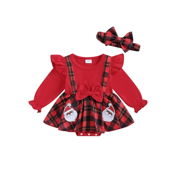 Suealasg Newborn Baby Girls Christmas Outfit Long Sleeve Gingerbread Man Print Plaid Romper Dress +Hairband 3 6 12 18 Months Infant Girls Fall Winter Clothes