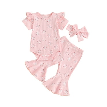 Suealasg Newborn Baby Girls Clothes 3 6 12 18 Months Flower Print Short Sleeve Rompers Flare Pants Headband 3Pcs Infant Summer Outfit 0-18M