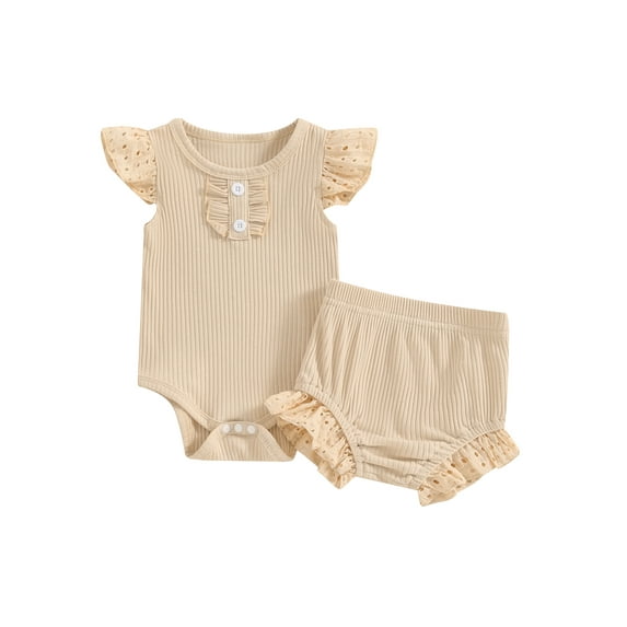 Suealasg Newborn Baby Girls Clothes 3 6 12 18 Months Fly Sleeve Ribbed Rompers Elastic Waist Shorts Sets 2Pcs Infant Summer Outfit 0-18M