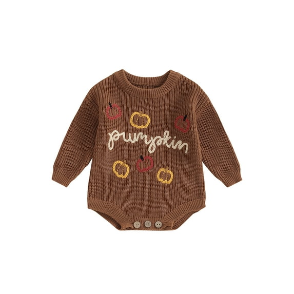 Suealasg Newborn Baby Girls Halloween Outfits Long Sleeve Pumpkin Embroidery Sweater Romper 3 6 9 12 18 Months Infant Girls Fall Warm Sweatshirt Tops