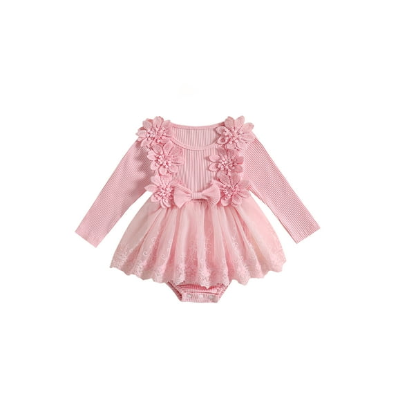 Suealasg Newborn Baby Girls Romper Dress 3 6 12 18 Months Infant Girls Fall Clothes Long Sleeve 3D Bow Flower Ribbed Dress Jumpsuit