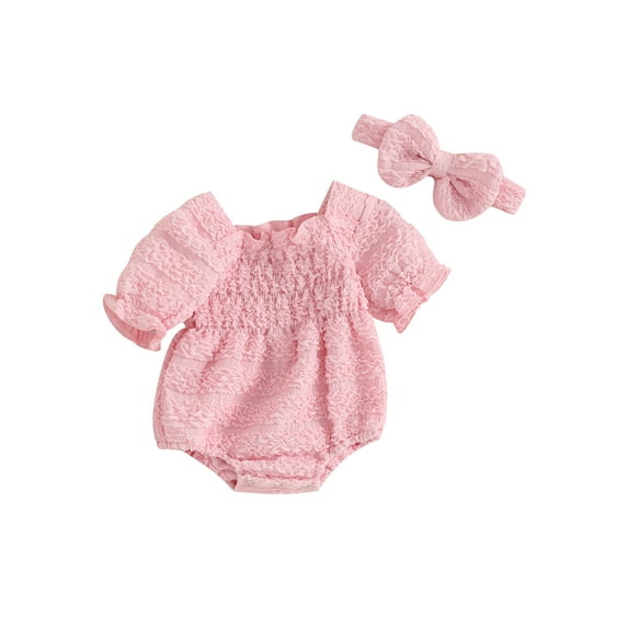 Suealasg Newborn Baby Girls Romper Puff Short Sleeve Ruched Bodysuit Smocked Jumpsuit with Headband Summer Clothes