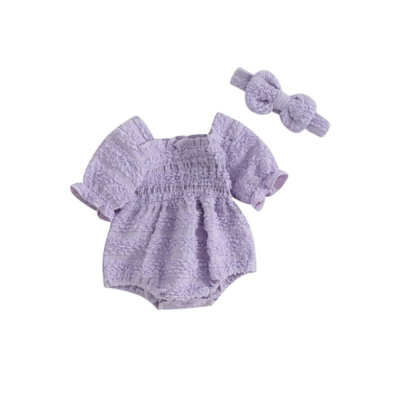 Suealasg Newborn Baby Girls Romper Puff Short Sleeve Ruched Bodysuit Smocked Jumpsuit with Headband Summer Clothes