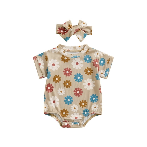 Suealasg Newborn Baby Girls Romper Short Sleeve Crew Neck Floral Print Bodysuit 3M 6M 12M 18M Infant Summer One Piece Clothes Headband