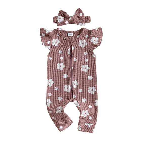 Suealasg Newborn Baby Girls Summer Outfits Flower Pattern Crew Neck Flying Sleeve Zip Up Romper Bow Headband