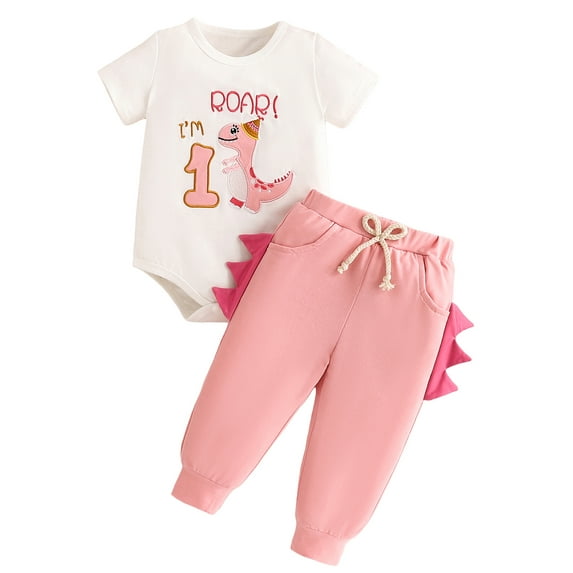 Suealasg Newborn Boy Girl 1st Birthday Outfit Dinosaur Embroidery Short Sleeve Romper Elastic Waist Pants Baby Summer Clothes for Boy Girl 12 to 18 Month
