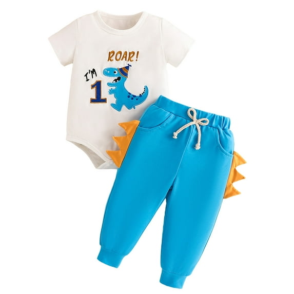 Suealasg Newborn Boy Girl 1st Birthday Outfit Dinosaur Embroidery Short Sleeve Romper Elastic Waist Pants Baby Summer Clothes for Boy Girl 12 to 18 Month