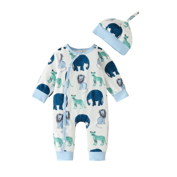 Suealasg Newborn Boy Jumpsuit and Hat Set 6 9 12 Months Baby Boy Clothes Long Sleeve Round Neck Animal Print Button Up Romper Playsuit