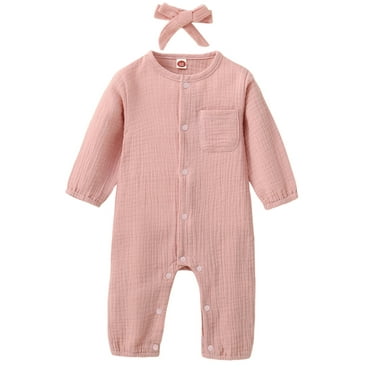 Suealasg Newborn Boys Girls 2 Piece Outfits Long Sleeve Buttons Jumpsuit Hat Infant Baby Spring Footies Rompers Sleepwear with Headband