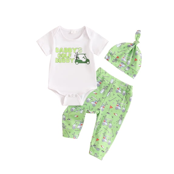 Suealasg Newborn Boys Golf Clothes 3M 6M 12M Short Sleeve Tops +Golf Cart Print Pants +Hat 3Pcs Summer Casual Outfits for Baby Boys