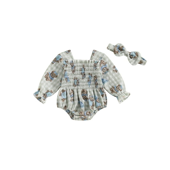 Suealasg Newborn Girl 2Pcs Fall Outfits Long Sleeve Bear Print Smocked Bodysuit +Headband Set 3 6 9 12 18 Months Infant Baby Girl Clothes