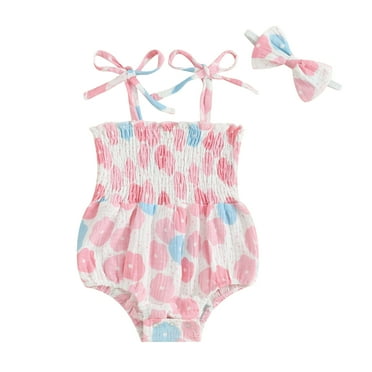 Suealasg Newborn Girl 2Pcs Summer Outfits Sleeveless Tie Strap Smocked Romper with Headband Set Infant Baby Girl Clothes 0-24 Months