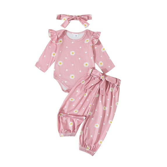 Suealasg Newborn Girl 3Pcs Fall Outfits Long Sleeve Daisy Print Romper + Long Pants + Headband Set 3 6 12 18 Months Infant Baby Girl Clothes