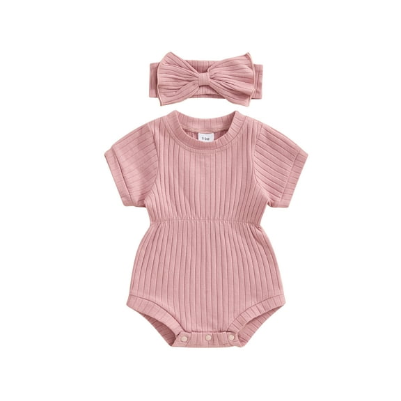 Suealasg Newborn Girl Bodysuit Short Sleeve Crew Neck Solid Romper Bowknot Headband Baby Summer One Piece Clothes