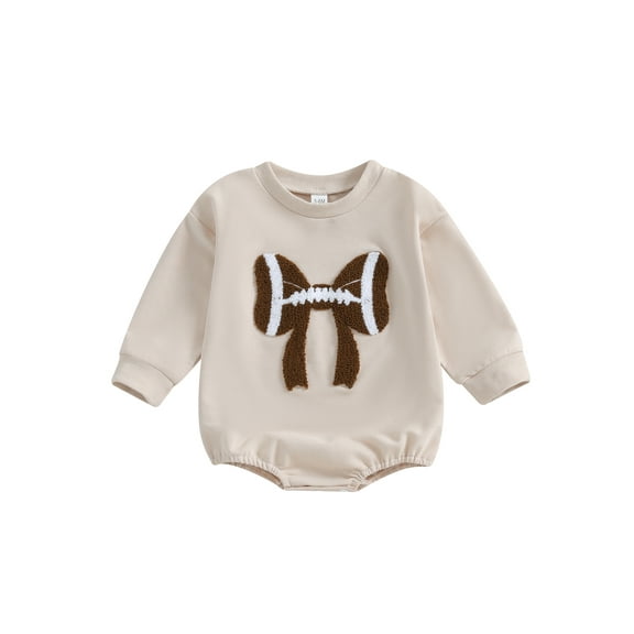 Suealasg Newborn Girl Fall Bubble Romper Long Sleeve Crew Neck Bow Football Print Bodysuit Baby Girl Clothes
