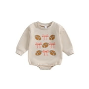 Suealasg Newborn Girl Fall Bubble Romper Long Sleeve Crew Neck Bow Football Print Bodysuit Baby Girl Clothes