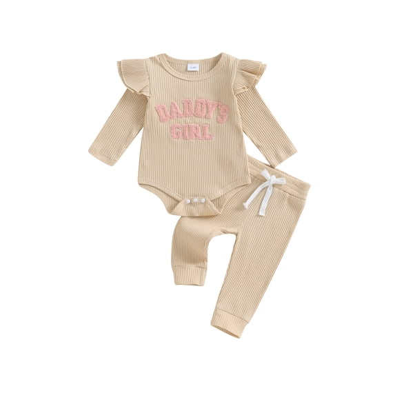 Suealasg Newborn Girl Fall Outfits 2Pcs Baby Girl Clothes Set Plush Letter Embroidery Ribbed Long Sleeves Romper and Elastic Pants 3 6 9 12 18 Months Infant Girls Autumn Clothing