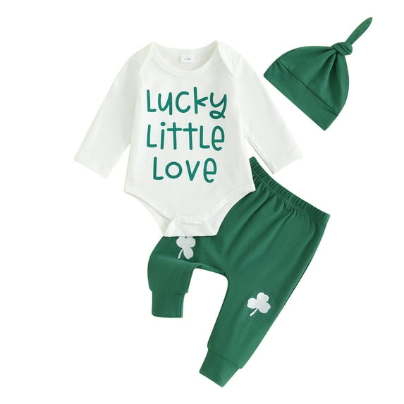 Suealasg Newborn Girl Irish Day Outfits 3M 6M 12M 18M Infant Long Sleeve Letter Romper + Shamrock Print Pants + Hat 3Pcs Baby Girl Spring Clothes Set