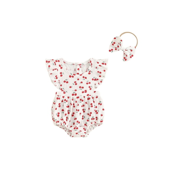 Suealasg Newborn Girl Outfit Fly Sleeve Cherry Carrot Print Romper +Bowknot Hairband Baby Girls Summer Cute Clothes