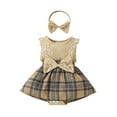 thumbnail image 1 of Suealasg Newborn Girl Romper Dress 3M 6M 12M 18M Baby Girls Clothes Sets Lace Fly Sleeve Bowknot Plaid Skirt Hem Jumpsuits Bodysuits with Headband Infant Summer Clothes, 1 of 9