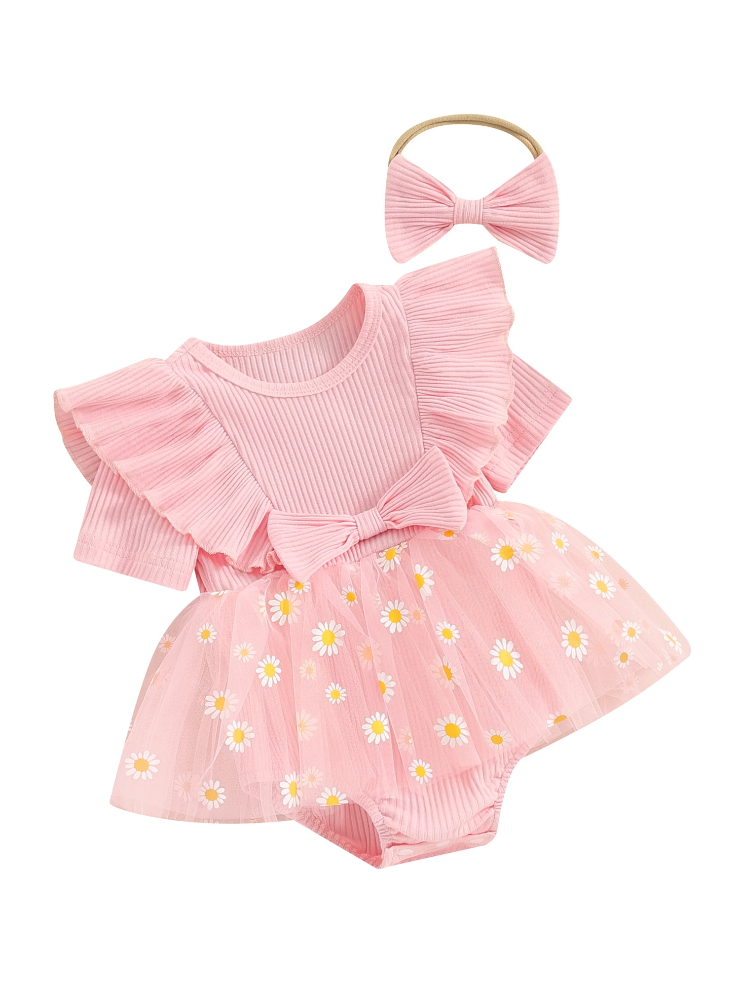 Suealasg Newborn Girl Romper Dress Short Sleeve Daisy Print Mesh Tulle ...