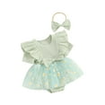 thumbnail image 1 of Suealasg Newborn Girl Romper Dress Short Sleeve Daisy Print Mesh Tulle Bodysuit Headband Set Baby Girl Photoshoot Outfits Clothes 0-3 Months, 1 of 9