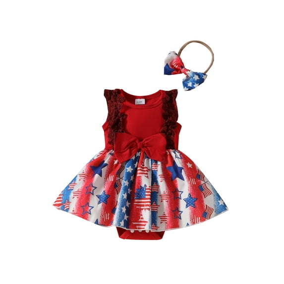 Suealasg Newborn Girl Summer Independence Day Outfits Sleeveless Stars Print Romper Dress+Headband 3M 6M 9M 12M 18M Infant Baby Girls 4th of July Clothes