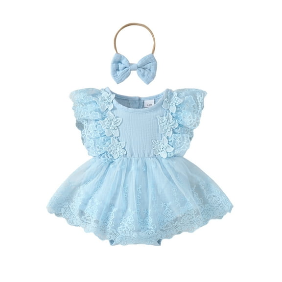 Suealasg Newborn Girl Summer Outfits Fly Sleeve 3D Floral Lace Mesh Romper Dress Headband 3M 6M 9M 12M 18M Infant Baby Girls Birthday Photoshoot Clothes