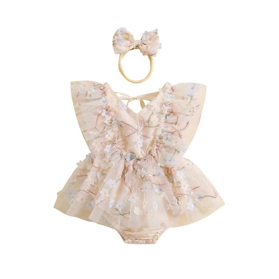 Suealasg Newborn Girl Summer Outfits Fly Sleeve 3D Flower Embroidery Tulle Romper Dress+Bow Headband 6M 12M 18M 24M Infant Baby Girls Birthday Photoshoot Clothes