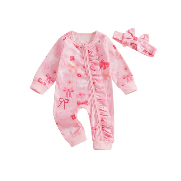 Suealasg Newborn Girl Waffle Romper Bow Print Long Sleeve Crew Neck Ruffled Zipper Jumpsuit  Headband Baby Girl Fall Clothes 0-12 Months