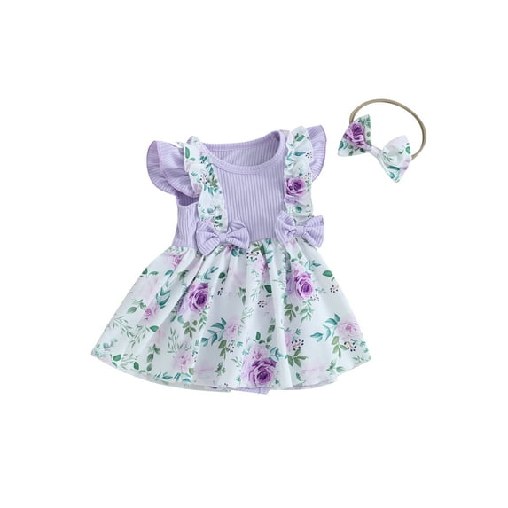 Suealasg Newborn Girls 2Pcs Outfit 3M 6M 12M 18M Baby Girl Summer Clothes Infant Girls Sleeveless Floral Print Romper Dress + Headband Set